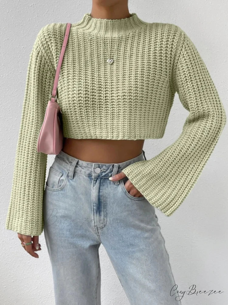 Cropped Long Neck Mock Arm Sweater Light Green / S
