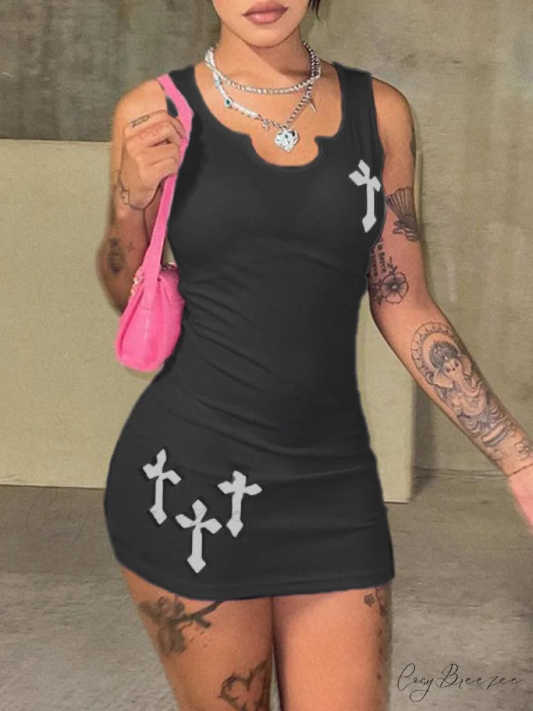 Cross Over Slit Trendy Distressed Denim Maxi Skirt Black / S