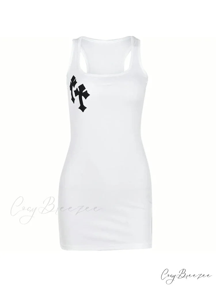 Cross Patch Ribbed Trendy Sleeveless Mini Dress