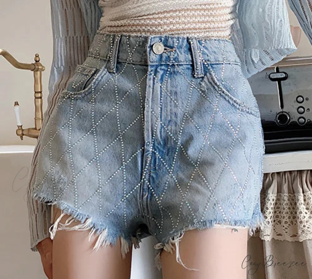 Crossed Frayed Washed Denim Shorts Blue / S short-250223