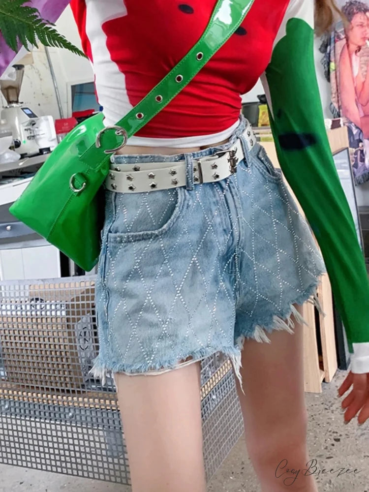 Crossed Frayed Washed Denim Shorts short-250223