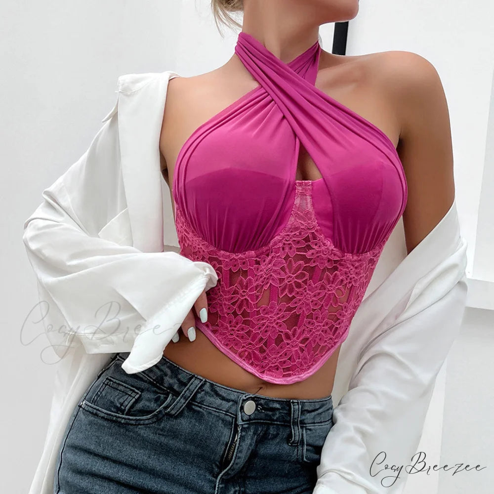 Crossed Halter Neck Lace Floral Classic Mesh Cropped Corset Top - Black L / Rose