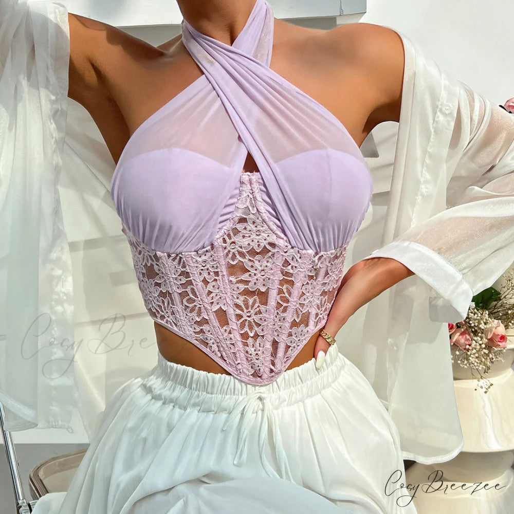 Crossed Halter Neck Lace Floral Classic Mesh Cropped Corset Top - Rose M / Violet