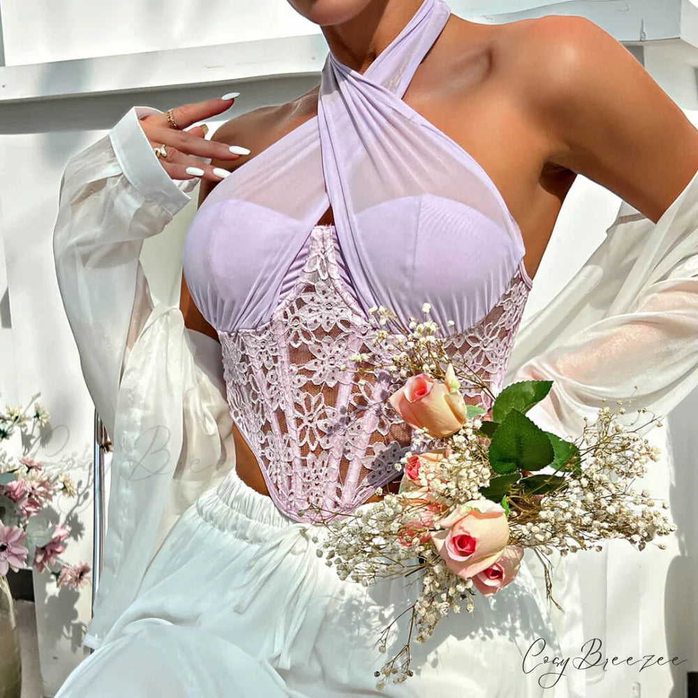 Crossed Halter Neck Lace Floral Classic Mesh Cropped Corset Top - Rose S / Violet