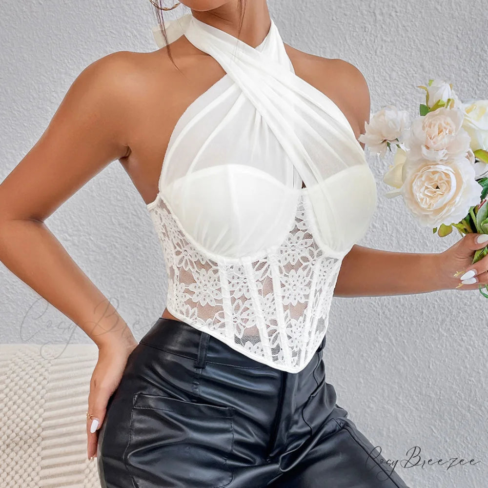 Crossed Halter Neck Lace Floral Classic Mesh Cropped Corset Top - Violet M / White