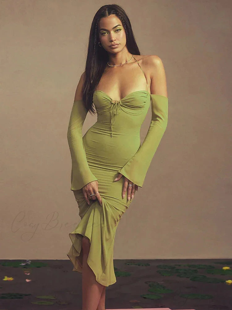 Cryptographic Green Mesh Sheer Midi Dress Green / S