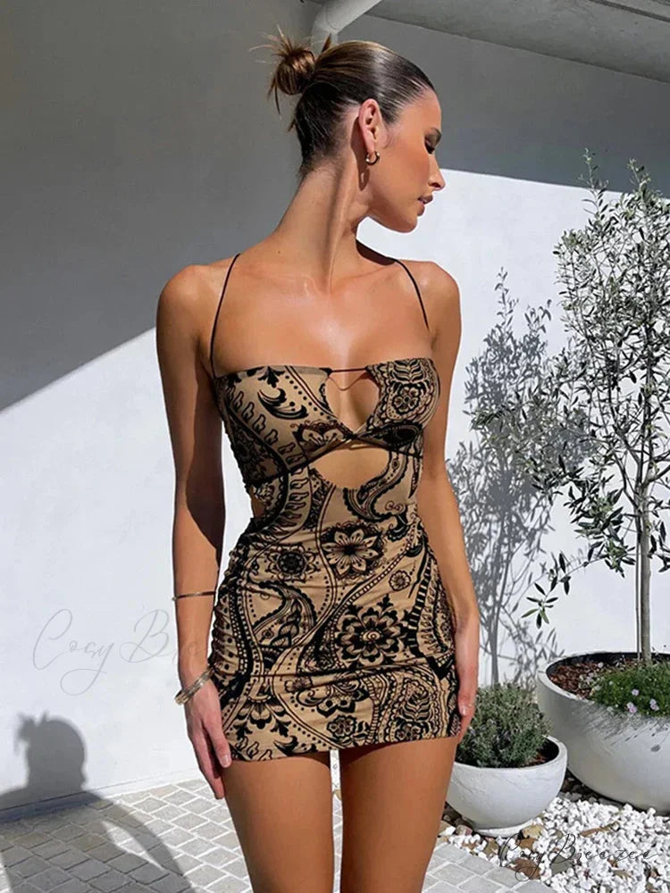 Cryptographic Print Backless Summer Boho Dress Black / S