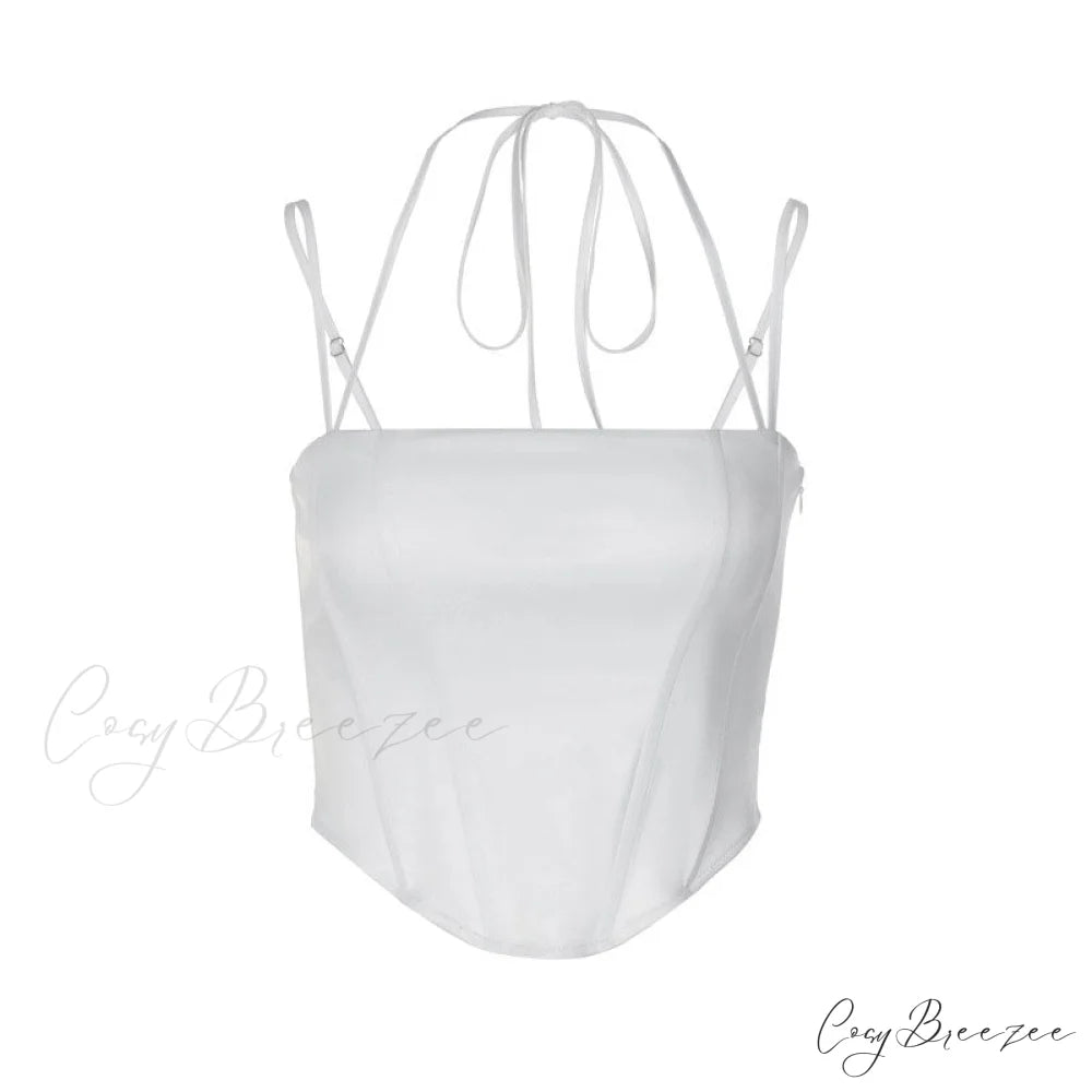 Curved Hem Lace Up Modern Halter Crop Top - White M / White