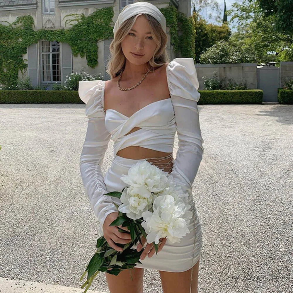 Cut Out Graceful Puff Sleeve Dress S / White