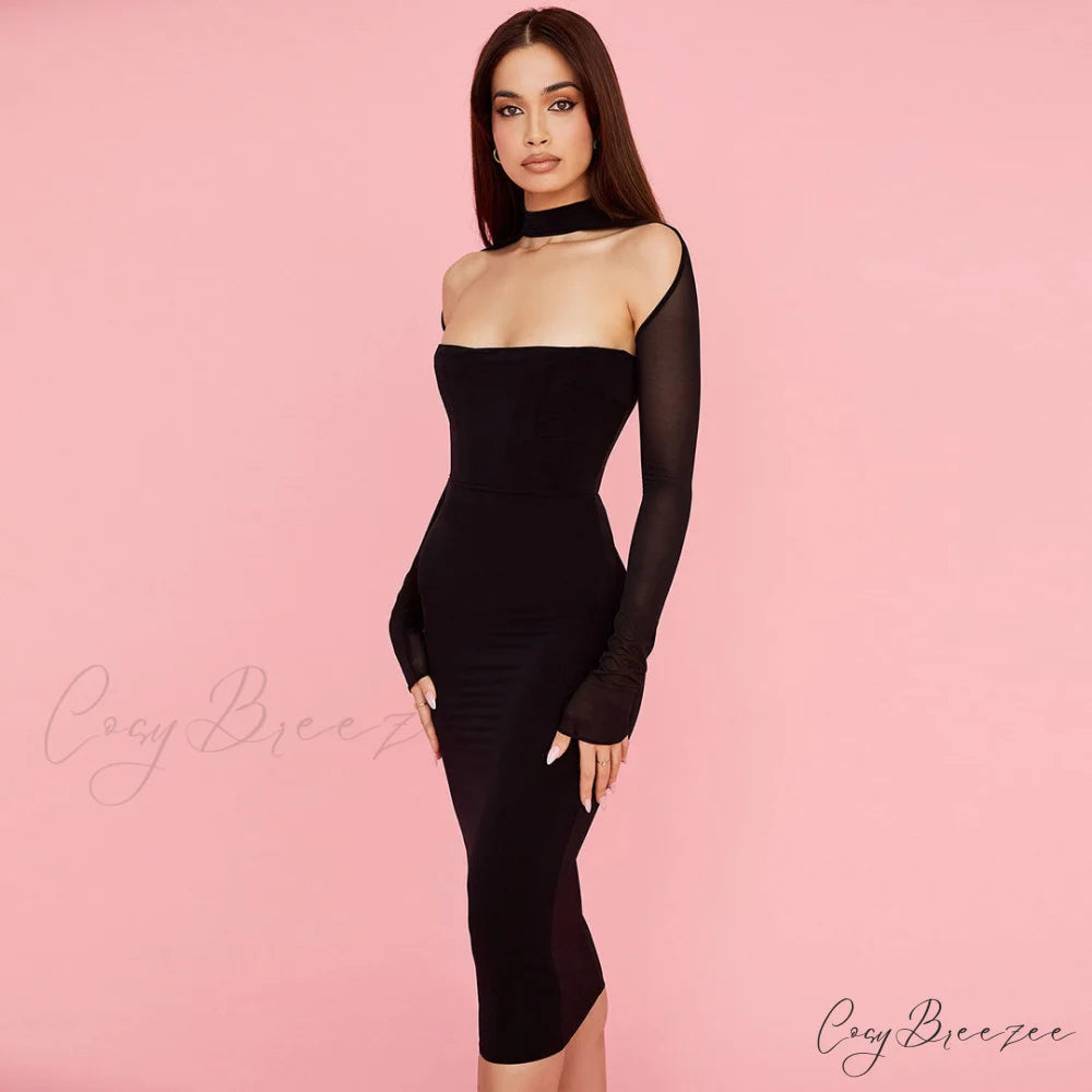 Cut Out Long Sleeve Mesh Classic Bodycon Cocktail Midi Dress - White L / Black