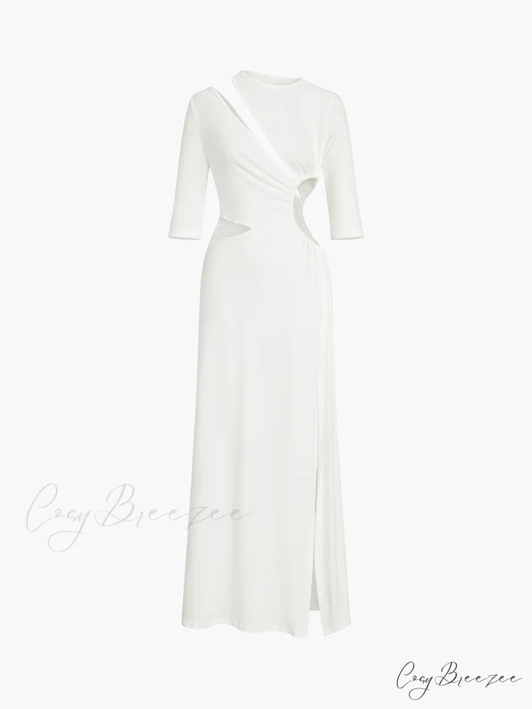 Cut Out Ruched Trendy Split Knit Maxi Dress