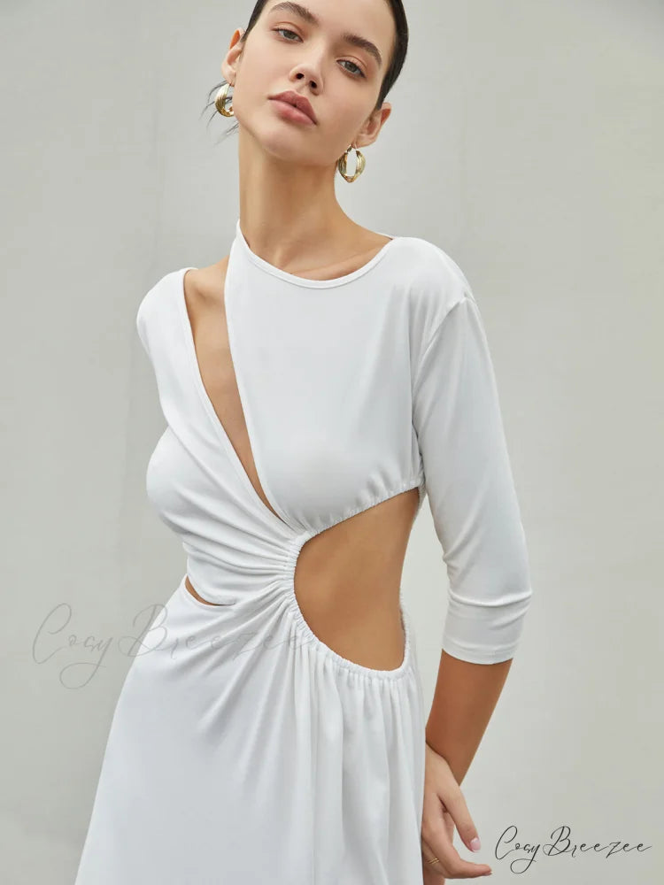 Cut Out Ruched Trendy Split Knit Maxi Dress