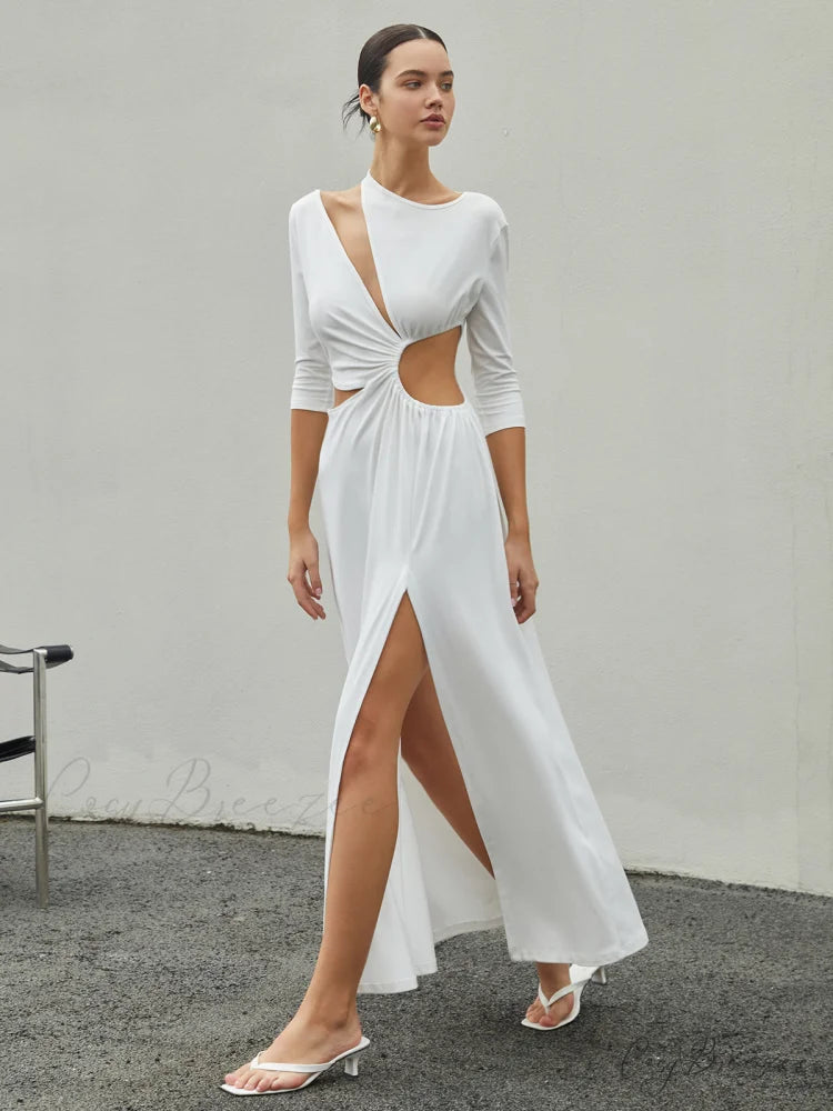 Cut Out Ruched Trendy Split Knit Maxi Dress White / XS