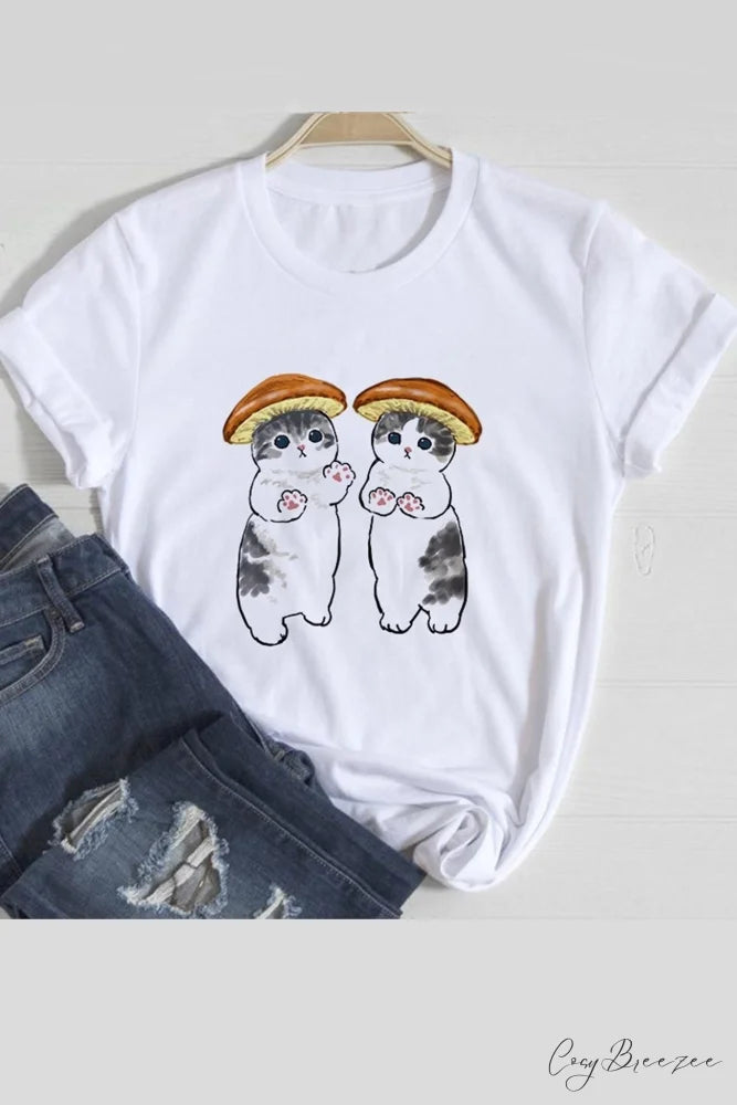 Cute Cats Tee Shirt Cats Mushroom / XS
