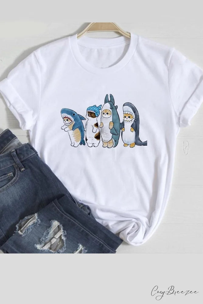 Cute Cats Tee Shirt Cats Shark / XS