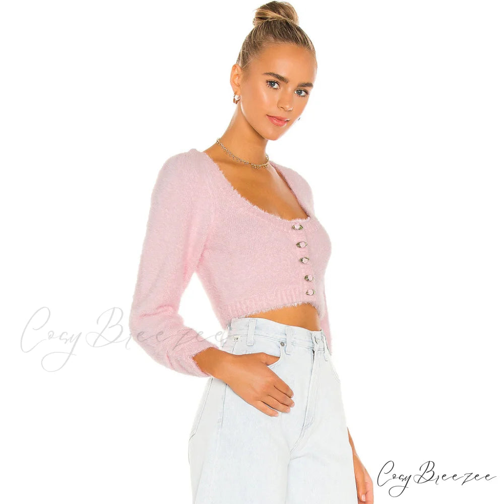 Cute Flower Cable Knit Bishop Classic Sleeve Crop Pullover Sweater - Yellow L / Pink