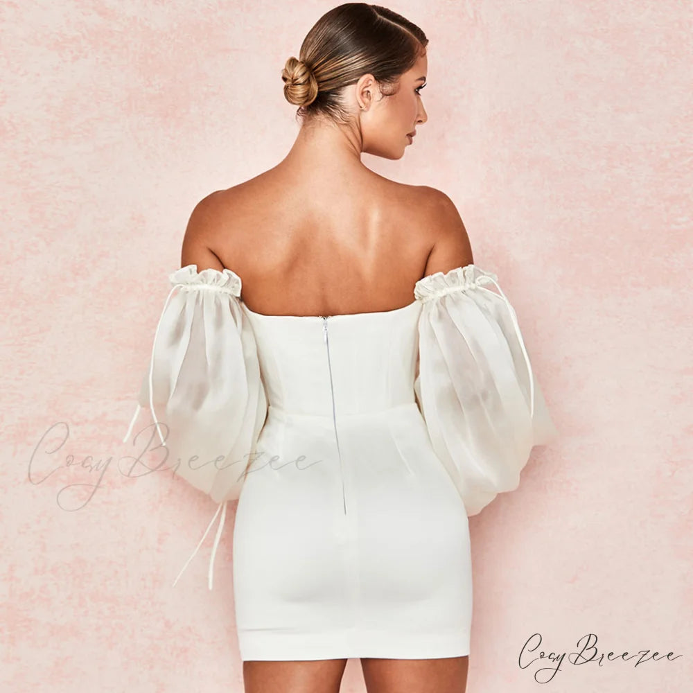 Cute Off Shoulder Puff Sleeve Classic Bodycon Party Mini Dress - Black L / White