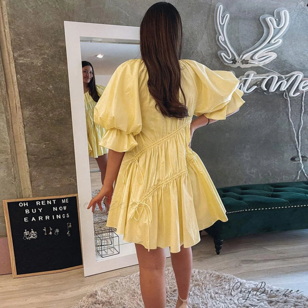 Cute Off Shoulder Puff Sleeve Classic Bodycon Party Mini Dress - White L / Yellow