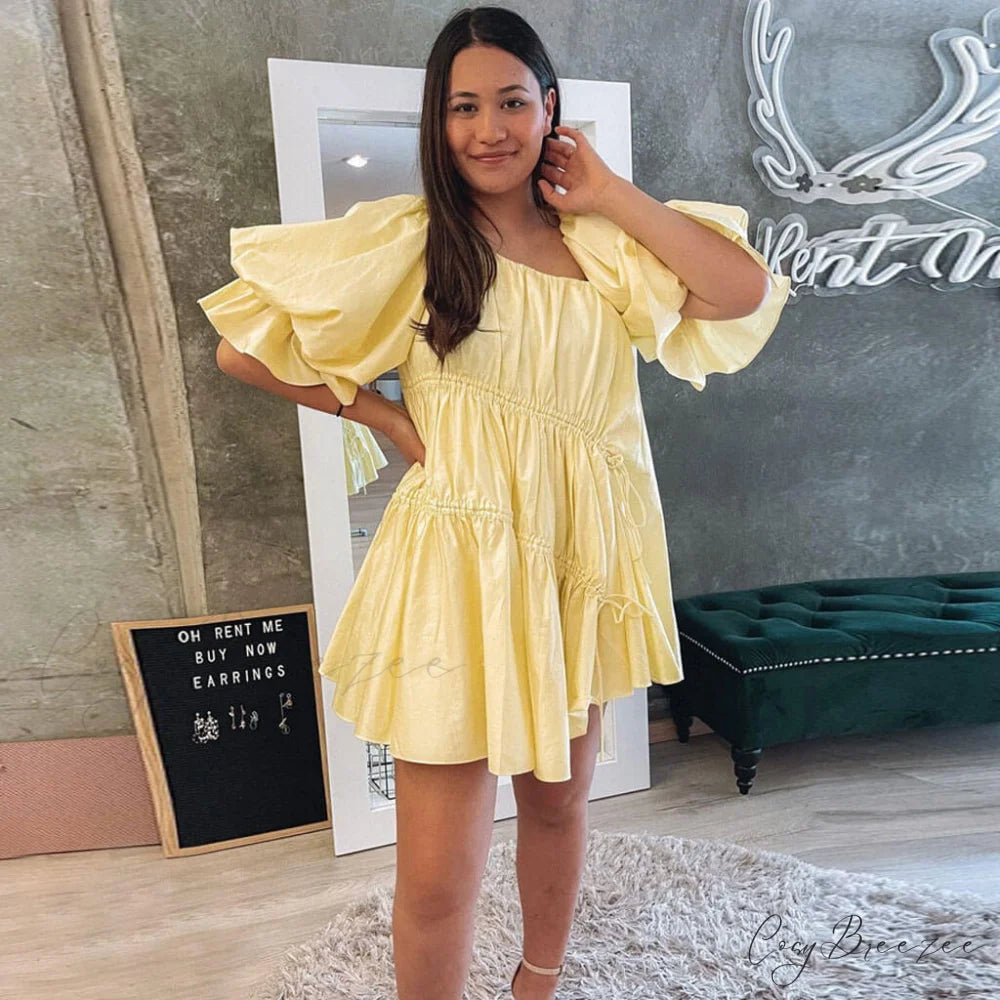 Cute Off Shoulder Puff Sleeve Classic Bodycon Party Mini Dress - White M / Yellow