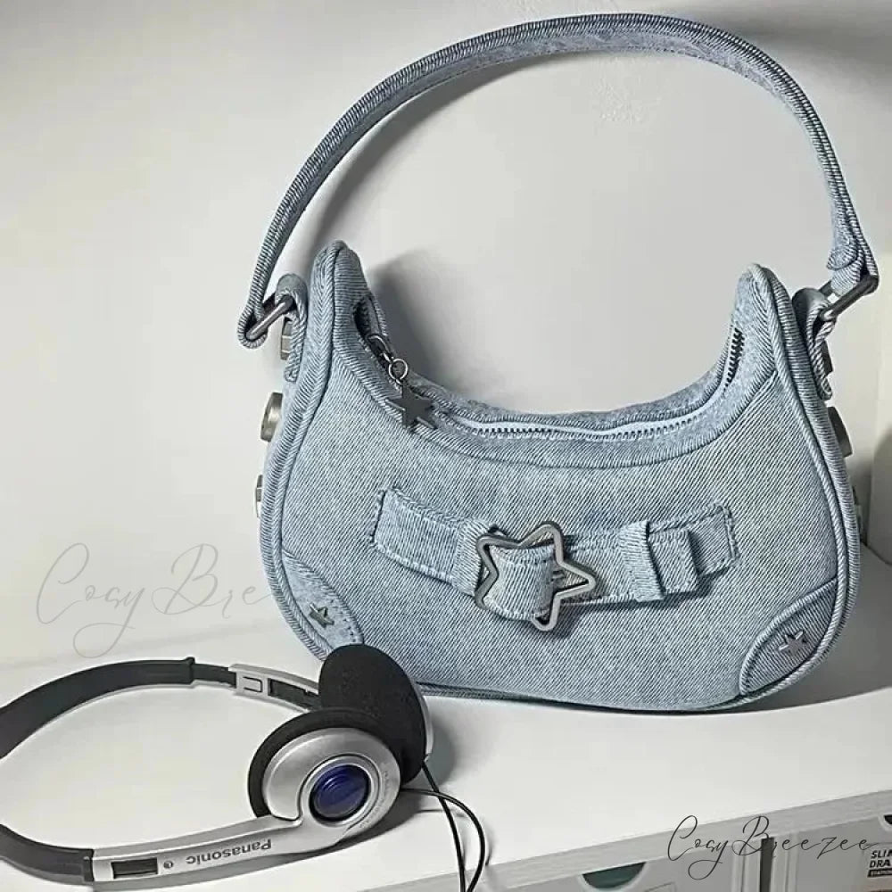 Cute White Star Leather Tote Blue shoulder-250126