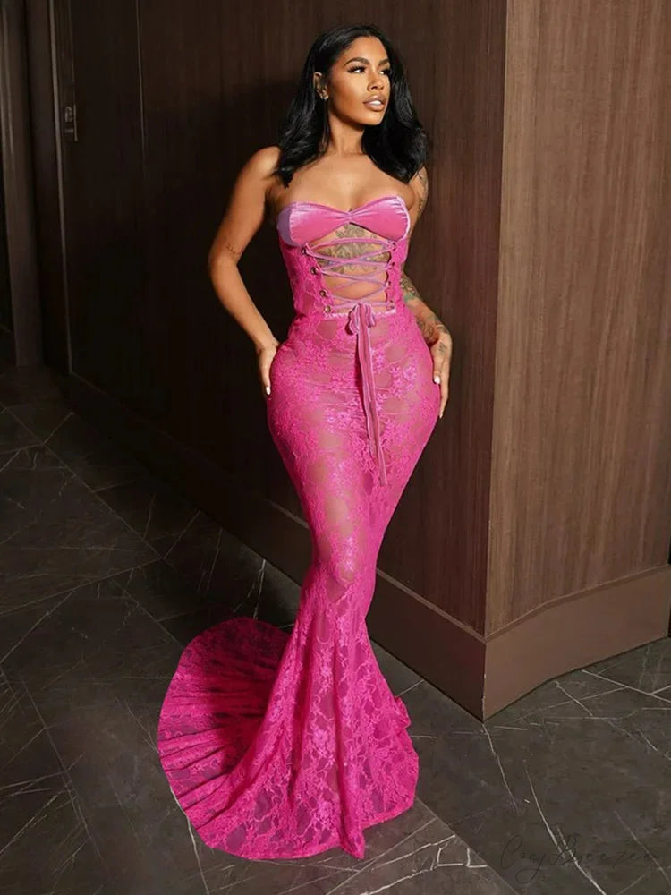 Cutenew Lace Patchwork Maxi Party Dress Rose Red / S