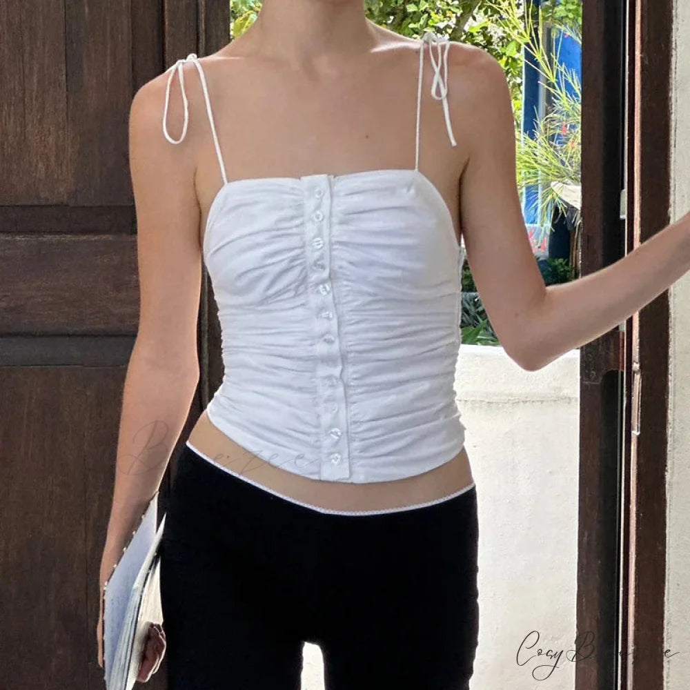 Cutest Backless Summer White Tank Vintage Buttons Ruched Tie-Up Y2K Crop Top croptop-250126