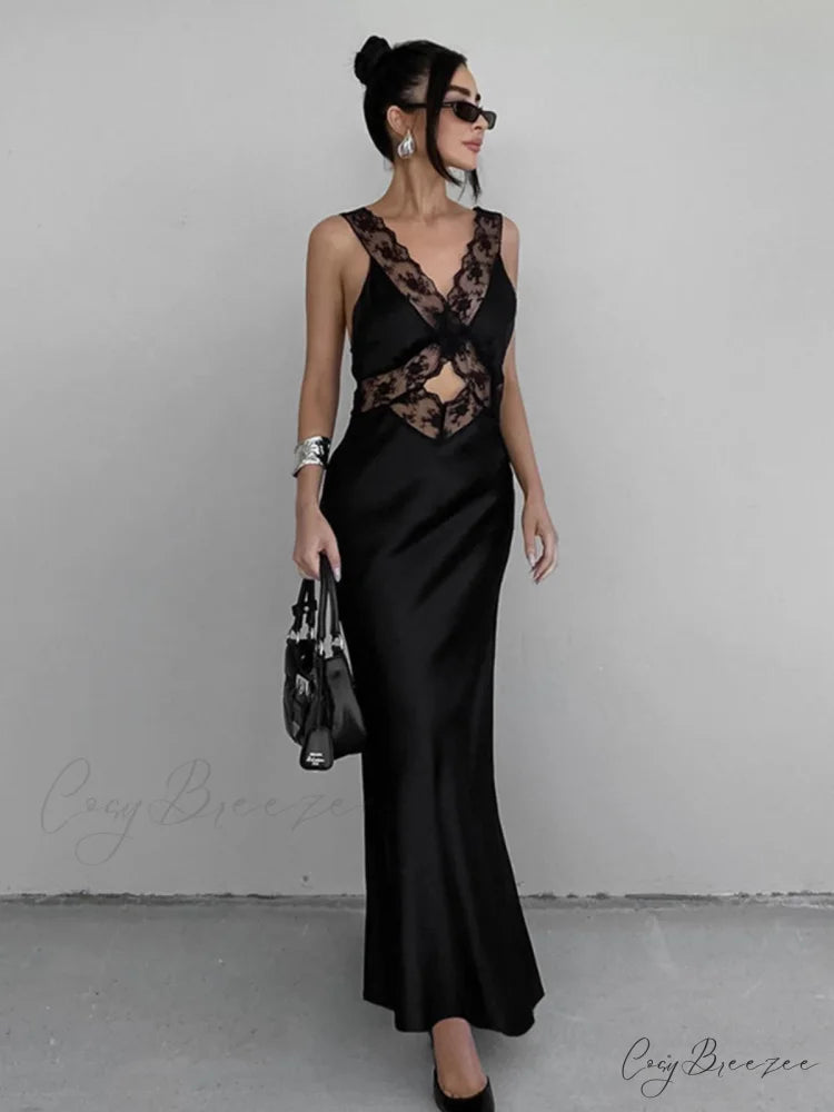 Cutout Lace Trim Trendy Stain Long Dress