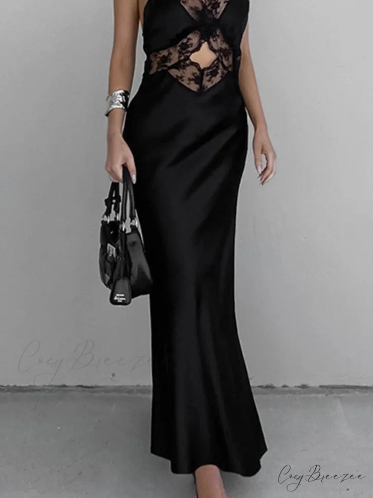 Cutout Lace Trim Trendy Stain Long Dress