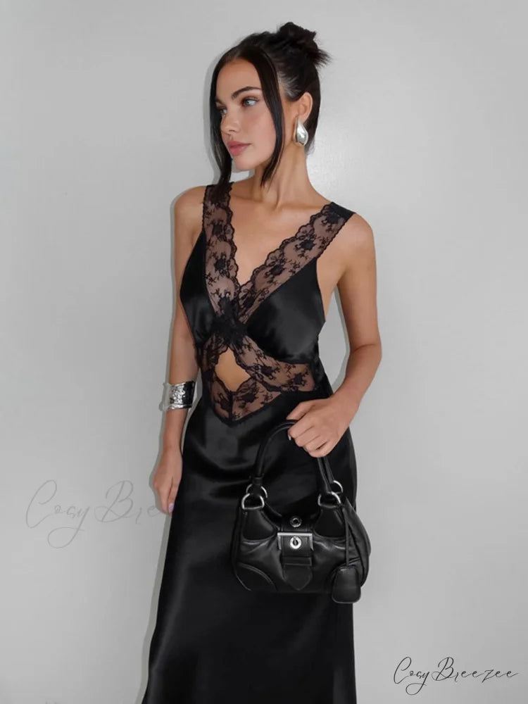 Cutout Lace Trim Trendy Stain Long Dress