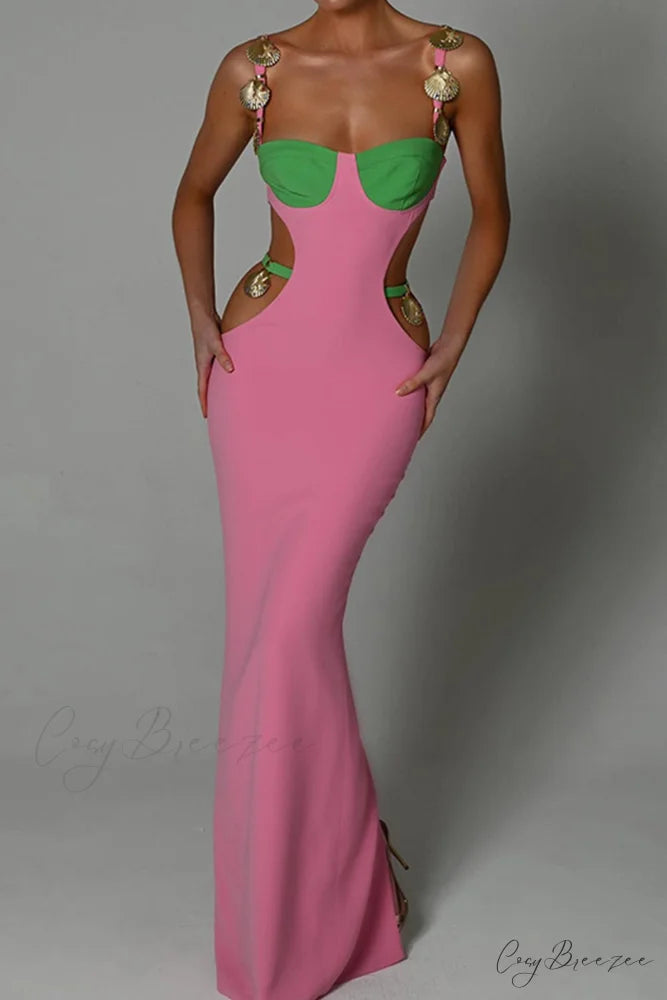 Cutout Slit Back Cami Dress with Contrast Detail Pink / M