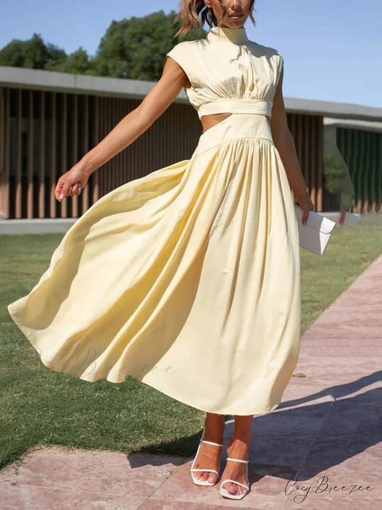 Cutout Waist Pocketed Charming Vacation Midi Dress