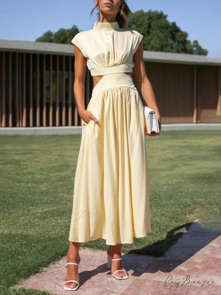 Cutout Waist Pocketed Charming Vacation Midi Dress