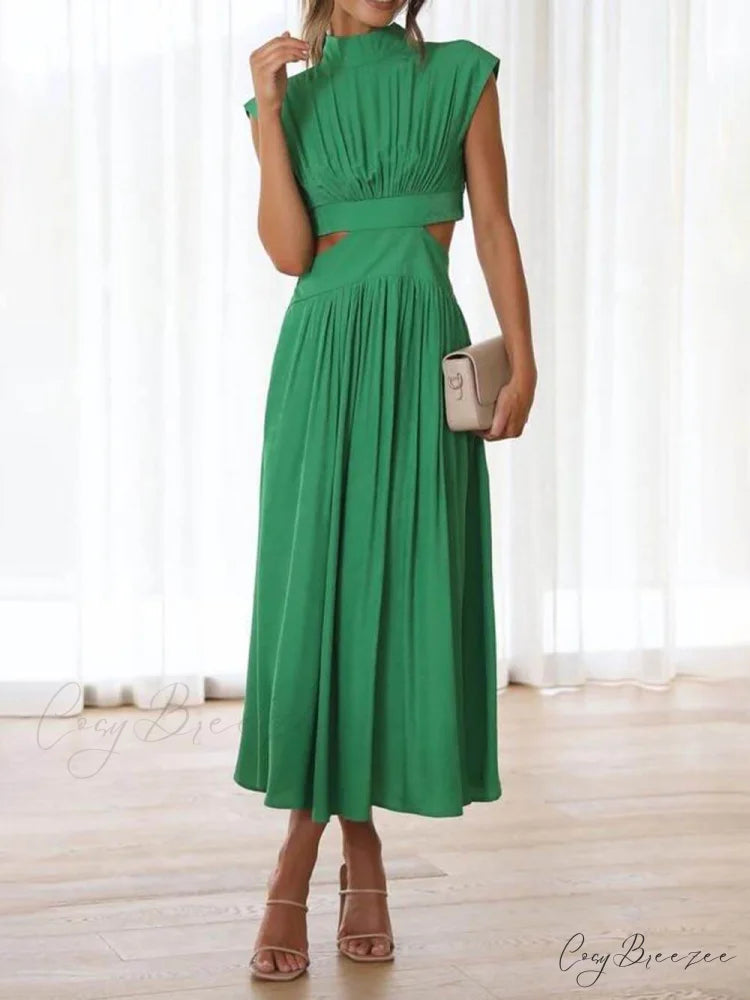 Cutout Waist Pocketed Charming Vacation Midi Dress