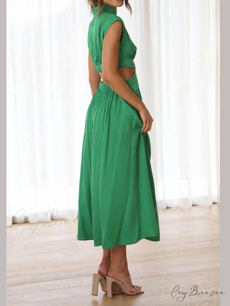 Cutout Waist Pocketed Charming Vacation Midi Dress