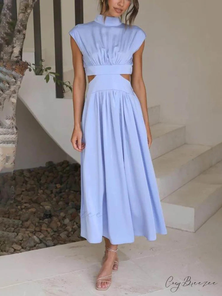 Cutout Waist Pocketed Charming Vacation Midi Dress Light Blue / S