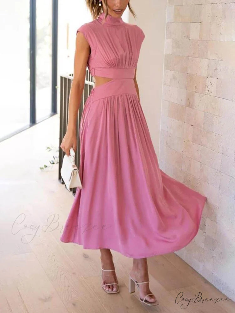 Cutout Waist Pocketed Charming Vacation Midi Dress Pink / S