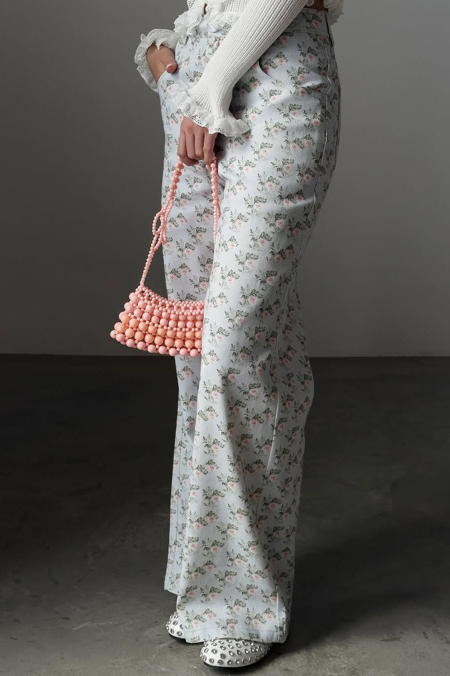 High Waist Printed Light Blue Jean