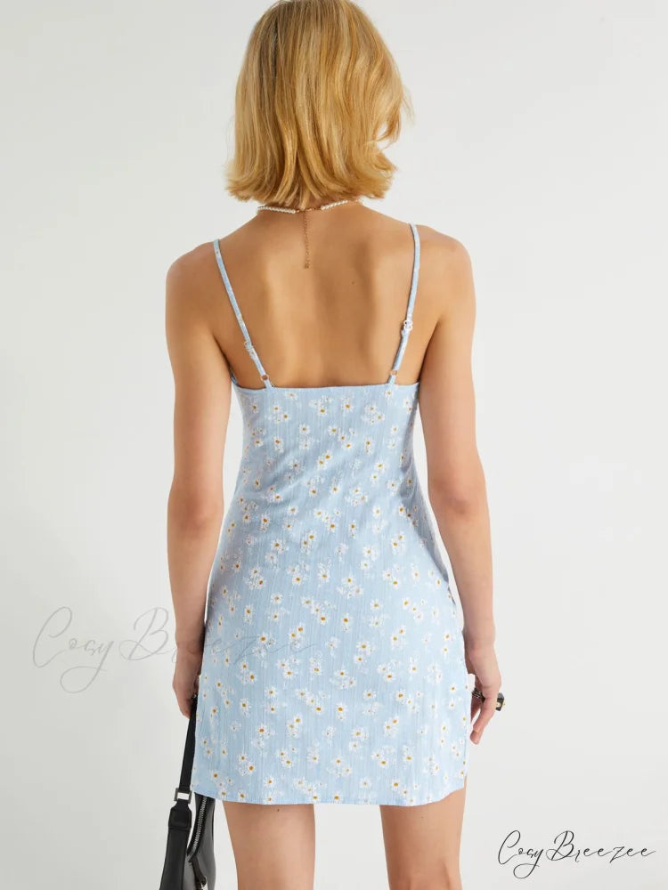 Dainty Ruched 3D Flower Cutout Split Sophisticated Trim Sleeveless Bodycon Mini Dress - Blue
