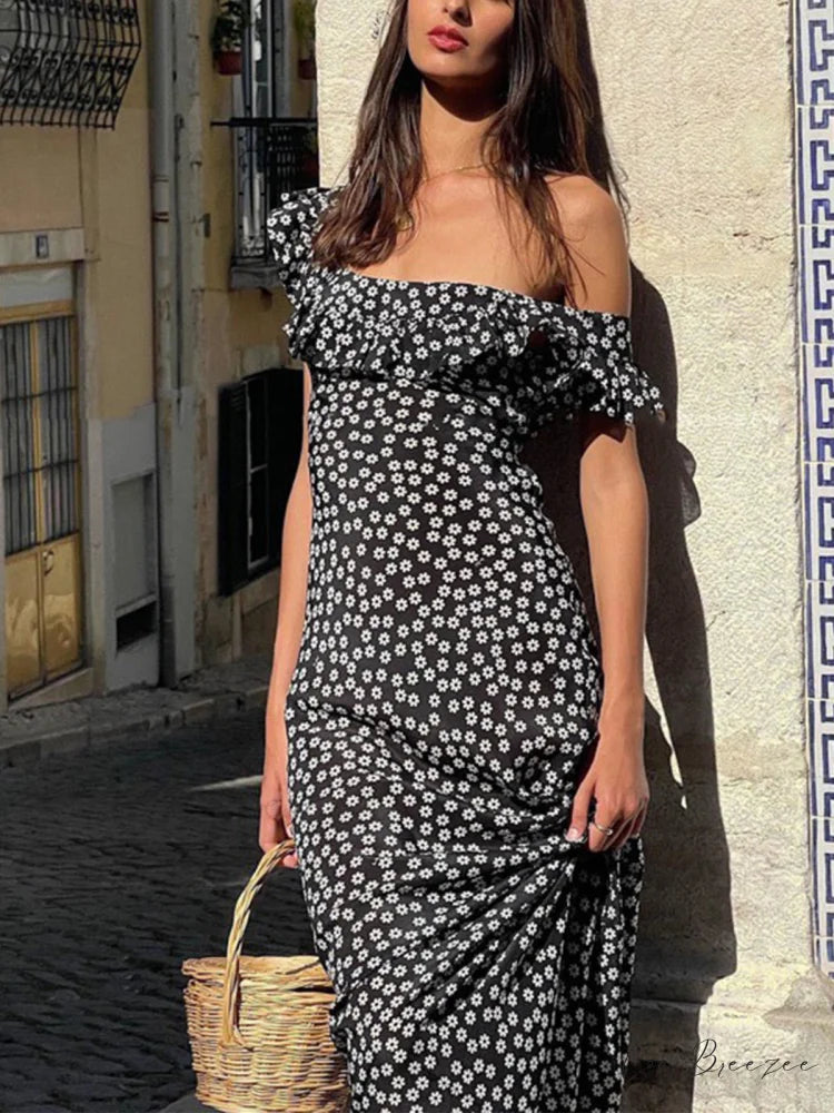 Daisy Floral Graceful Print Long Dress Black / XS