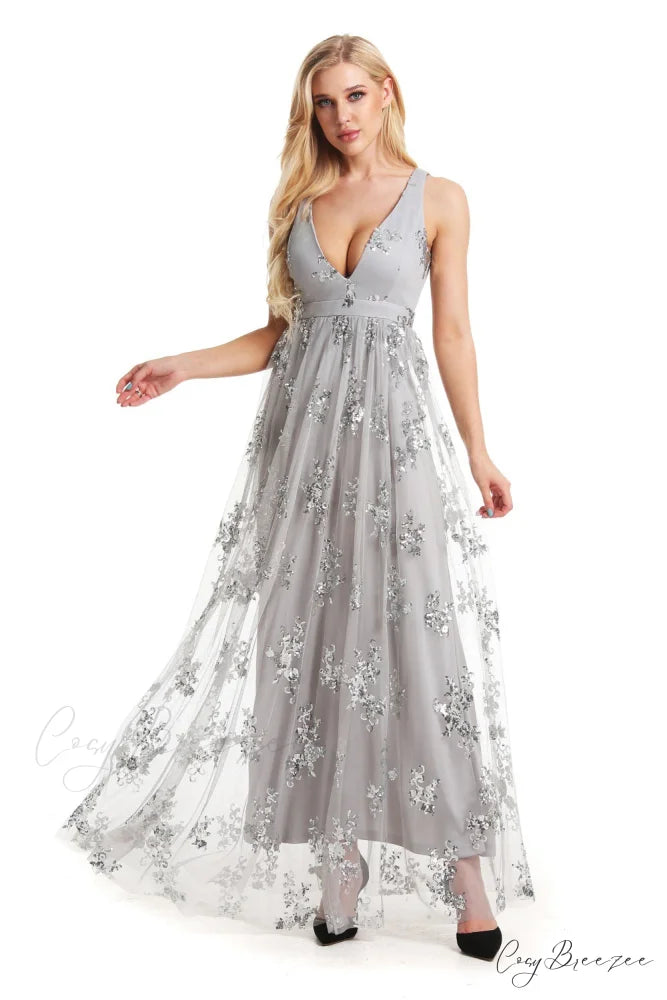 Daisy Pleated Stylish Tulle Formal Dress GREY / XS