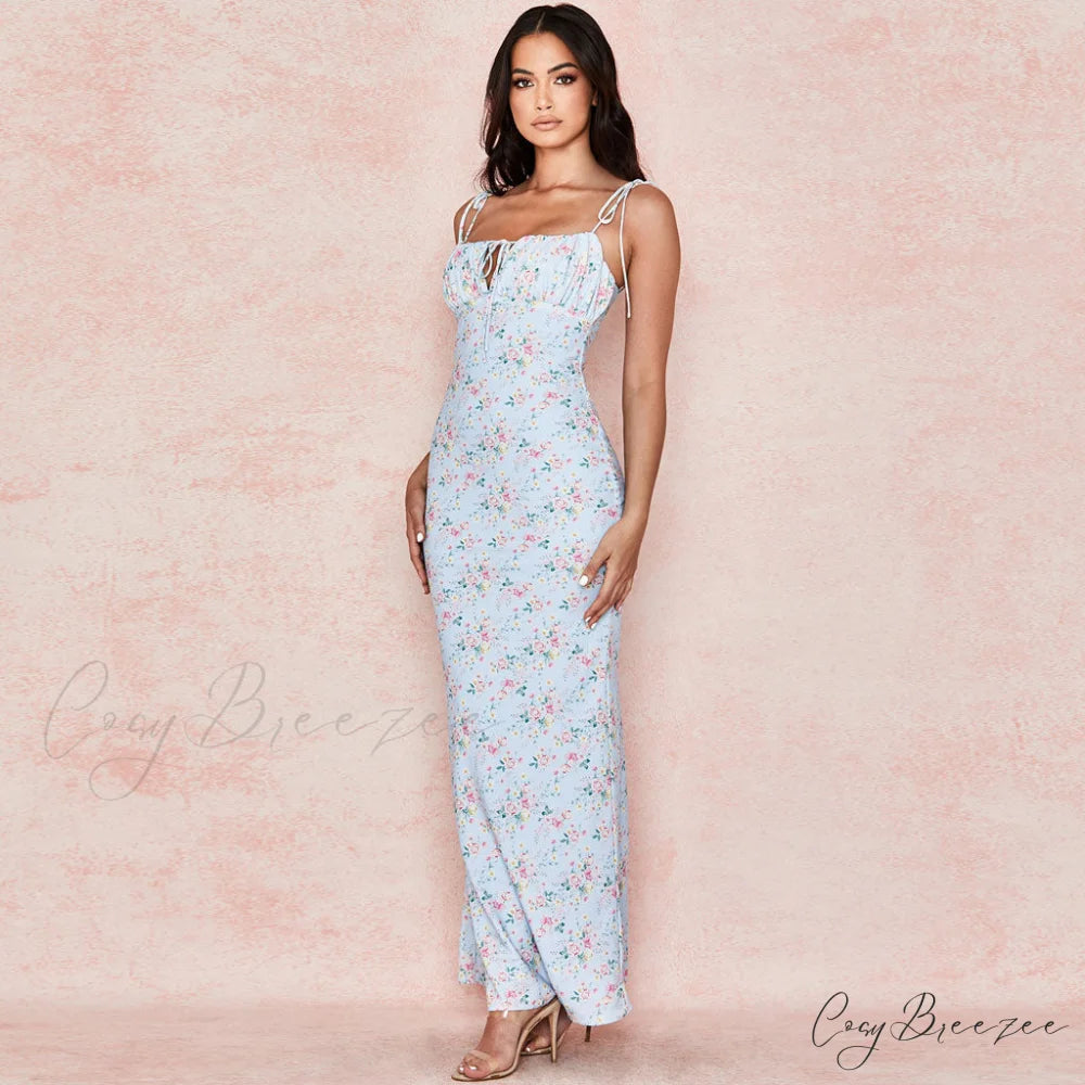 Daisy Printed Cowl Neck Side Slit Sophisticated Ruched Slip Midi Dress - Yellow M / Blue
