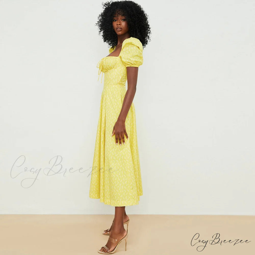 Daisy Printed Floss Strap Tied Classic Bustier Slip Maxi Dress - Blue M / Dark Yellow