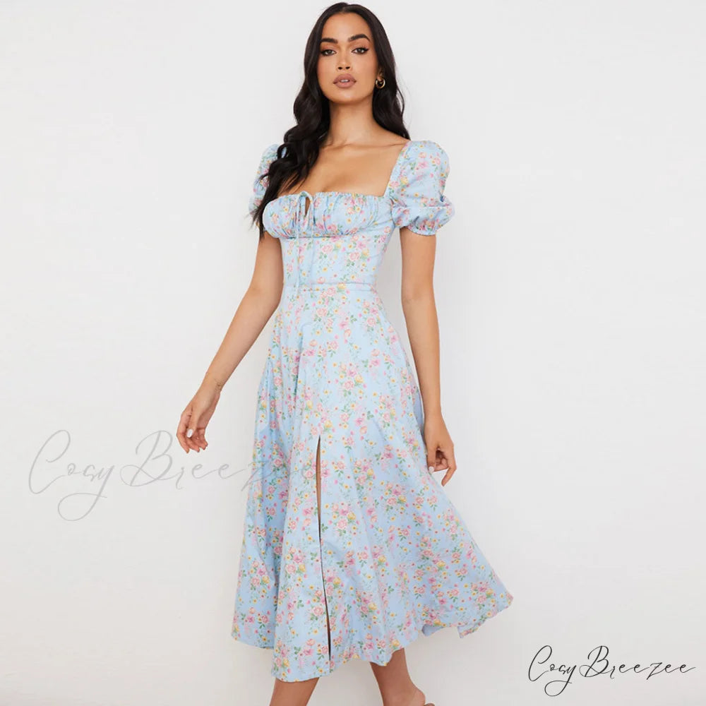 Daisy Printed Puff Sleeve High Classic Slit Smock Maxi Sundress - Green L / Light Blue