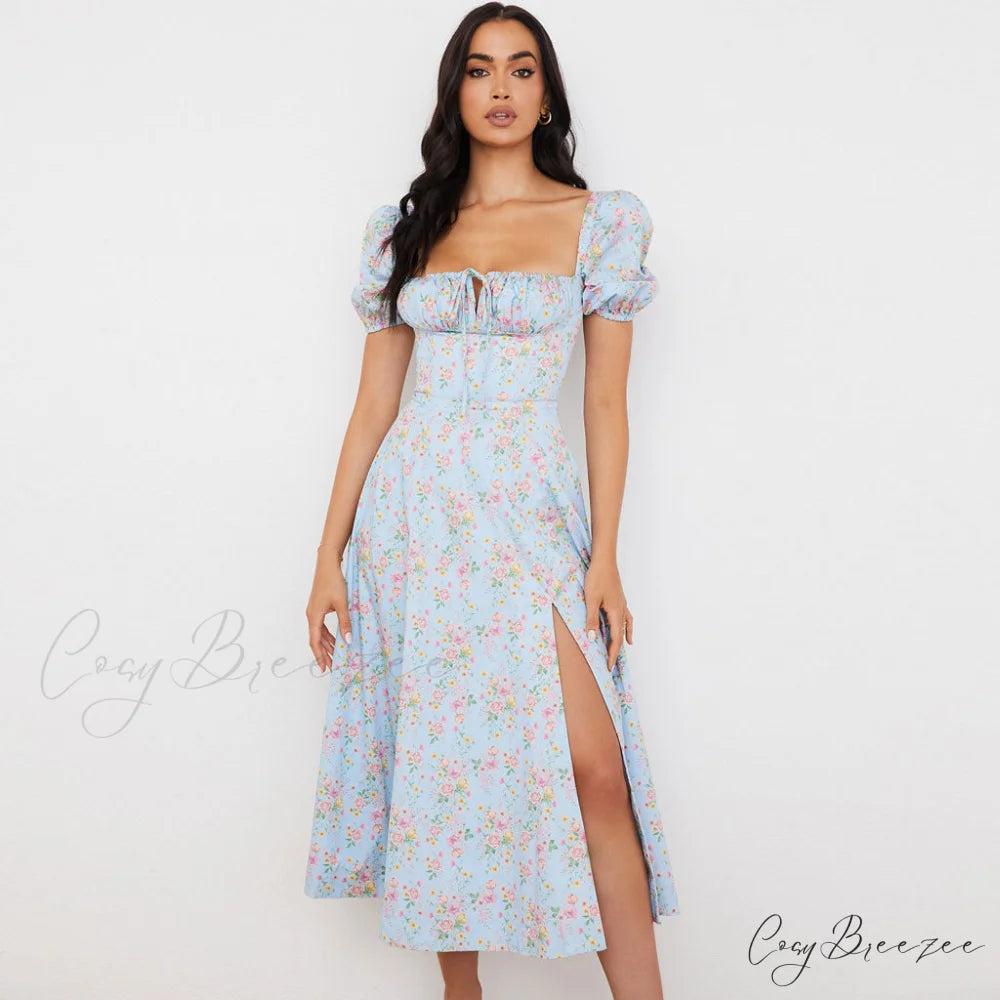 Daisy Printed Puff Sleeve High Classic Slit Smock Maxi Sundress - Green M / Light Blue