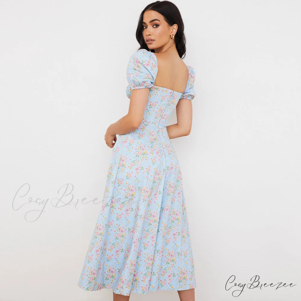 Daisy Printed Puff Sleeve High Classic Slit Smock Maxi Sundress - Green XL / Light Blue