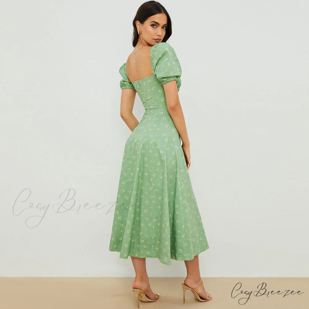 Daisy Printed Puff Sleeve High Classic Slit Smock Maxi Sundress - Pink L / Sage Green