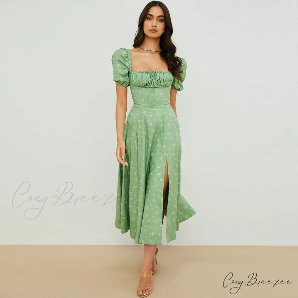 Daisy Printed Puff Sleeve High Classic Slit Smock Maxi Sundress - Pink M / Sage Green