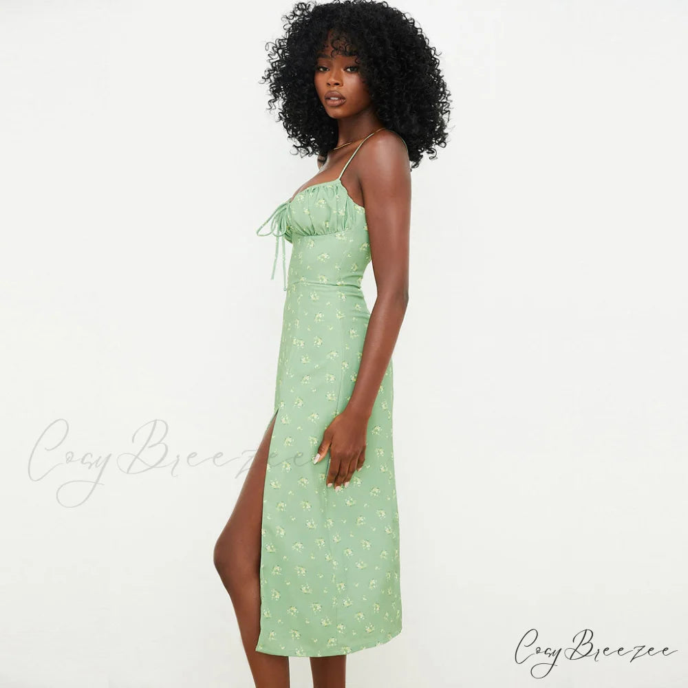 Daisy Printed Puff Sleeve High Classic Slit Smock Maxi Sundress - White M / Light Green