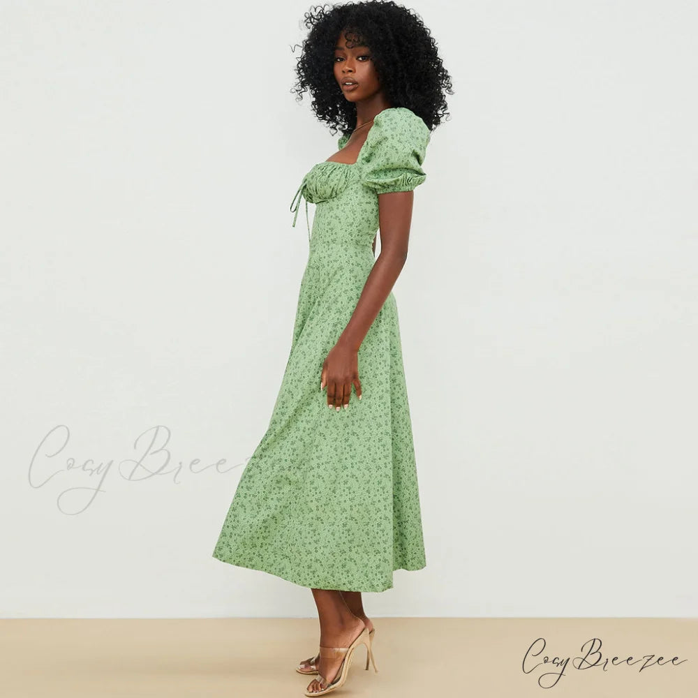 Daisy Printed Puff Sleeve High Slit Sophisticated Smock Maxi Sundress - Dark Yellow L / Green