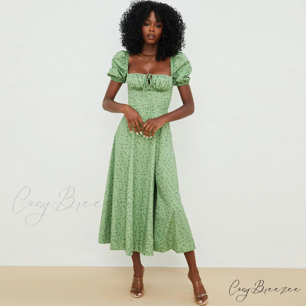 Daisy Printed Puff Sleeve High Slit Sophisticated Smock Maxi Sundress - Dark Yellow M / Green